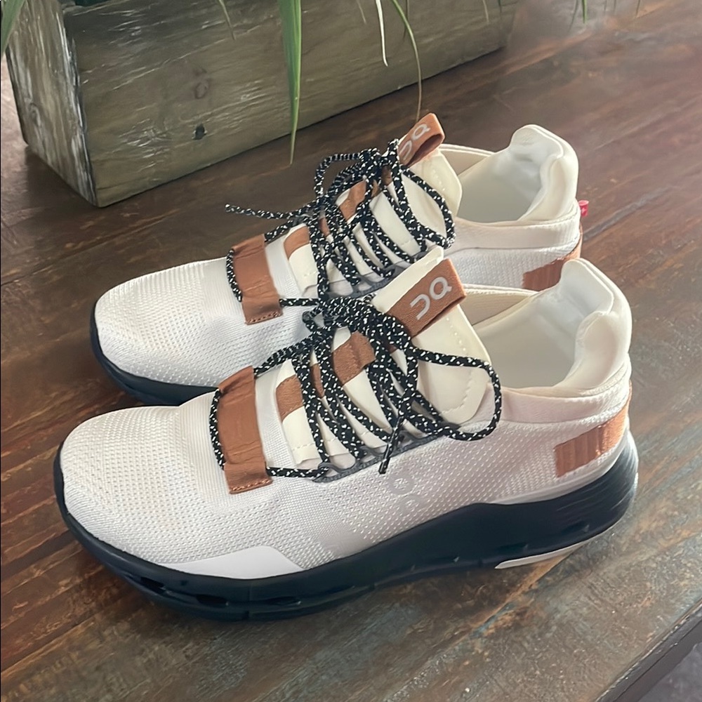 On White and Brown Sneakers